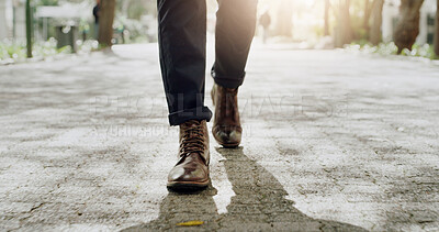 Buy stock photo Shoes, businessman and walk on road for travel, morning commute and journey with flare. Outdoor, legs and worker on path at park with pedestrian, corporate professional and trip with steps in city