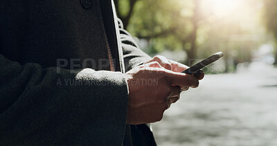 Buy stock photo Hands, smartphone and man in city, internet and typing with subscription, texting and social media. Outdoor, mobile user and person with cellphone, connection and online reading with communication