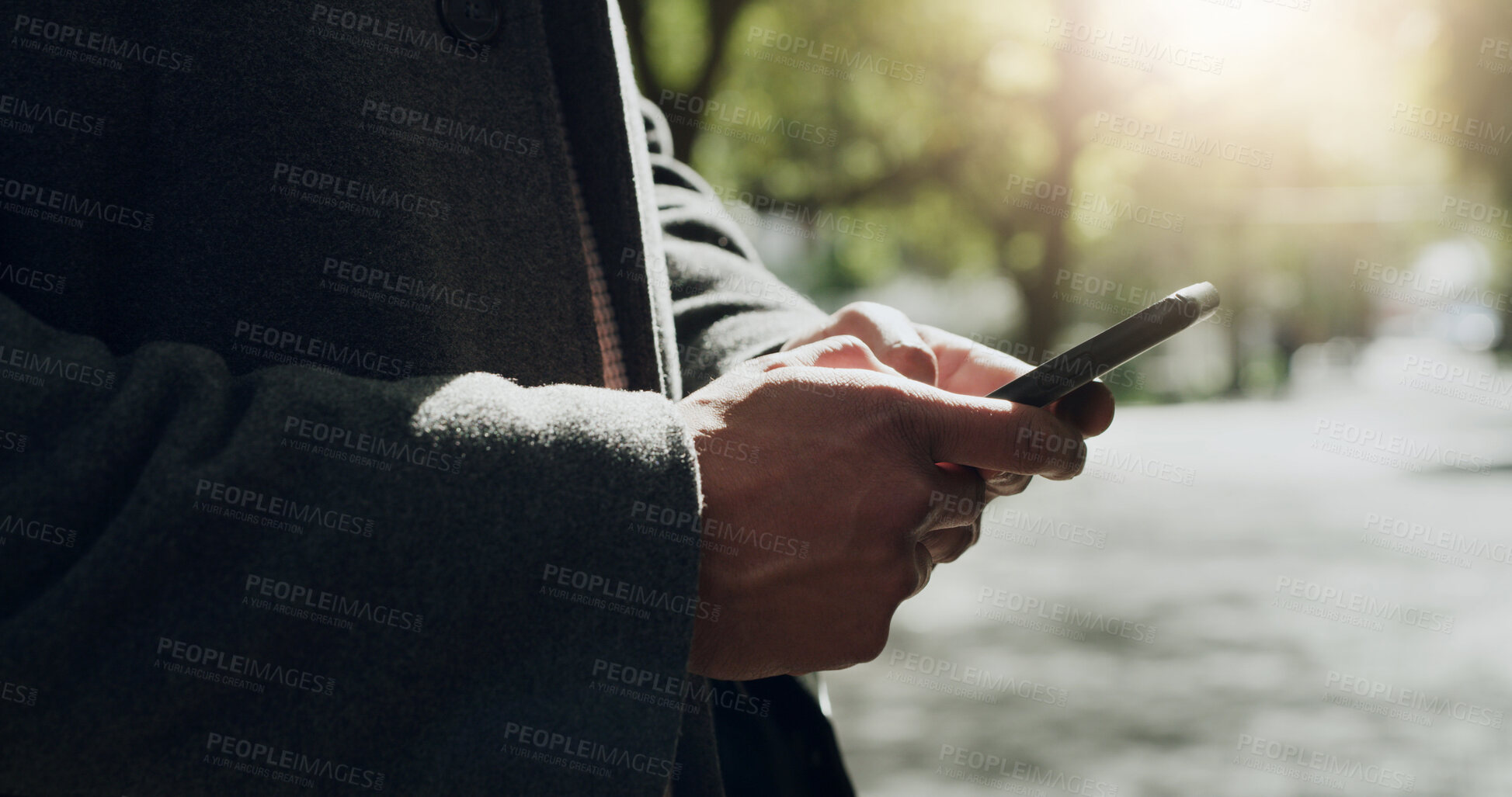Buy stock photo Hands, smartphone and man in city, internet and typing with subscription, texting and social media. Outdoor, mobile user and person with cellphone, connection and online reading with communication