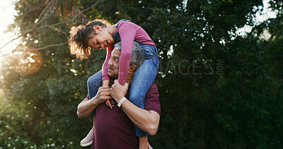 Buy stock photo Grandfather, shoulder carry and girl in park for fun together, bonding and love on summer vacation. Family, old man and female kid with piggyback, playful or game with space for memory and adventure