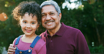 Buy stock photo Portrait, family and grandfather with girl, outdoor and nature with support, happiness and vacation. Grandparent, garden and child with smile, bonding together and relax with weekend break or holiday