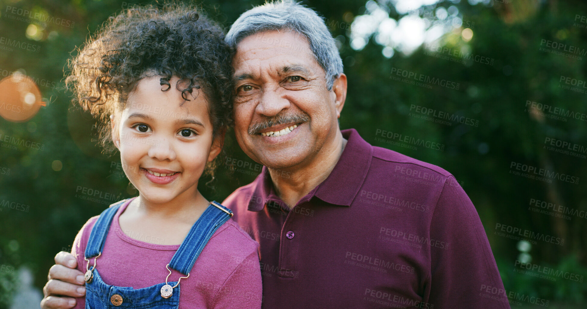 Buy stock photo Portrait, family and grandfather with girl, outdoor and nature with support, happiness and vacation. Grandparent, garden and child with smile, bonding together and relax with weekend break or holiday
