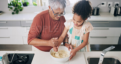 Buy stock photo Baking, dough and grandma with child in kitchen for learning, teaching and helping for cookies. Family, above and grandmother with girl with flour, ingredients and bonding for dessert, cake or pastry