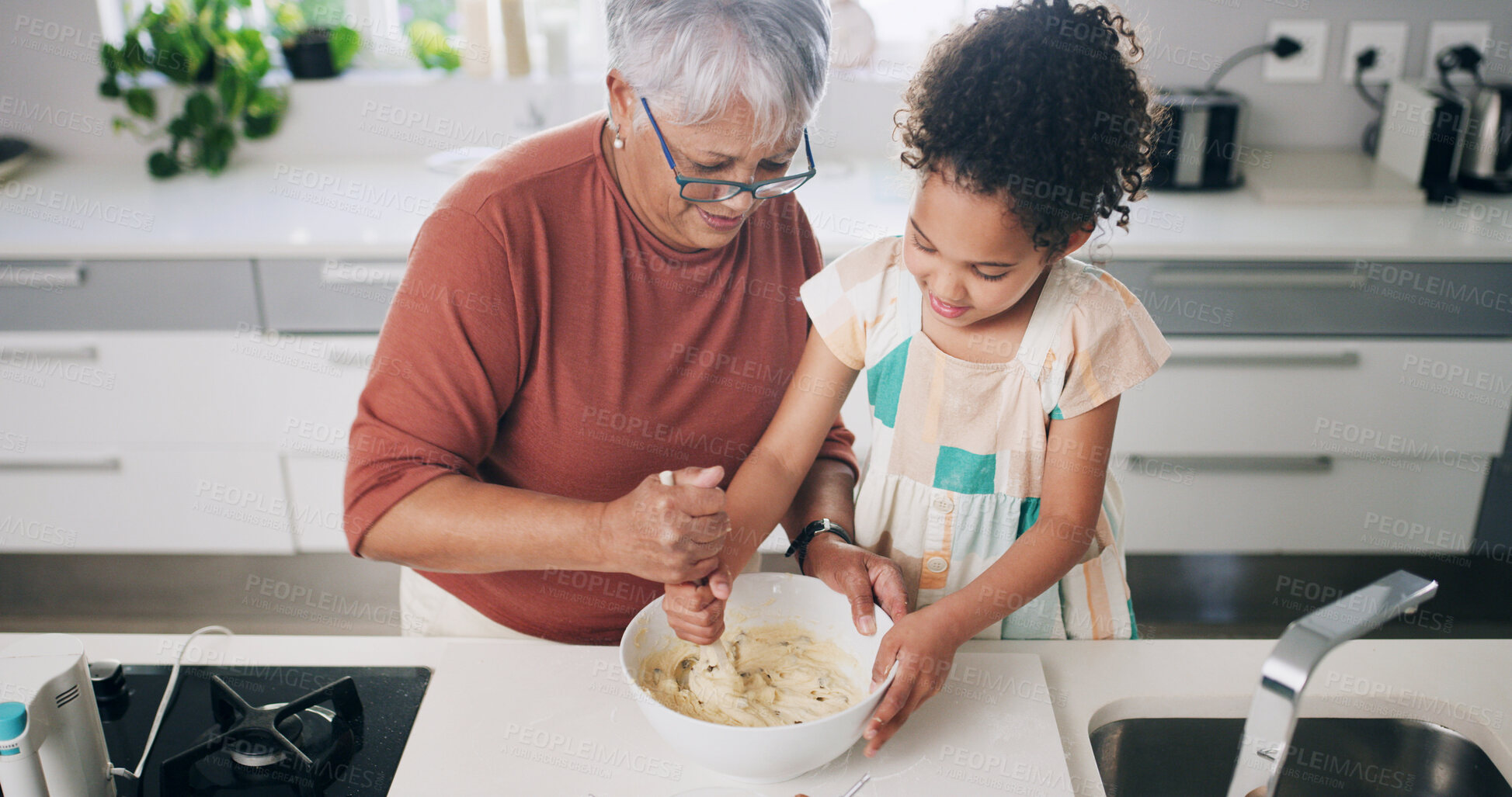 Buy stock photo Baking, dough and grandma with child in kitchen for learning, teaching and helping for cookies. Family, above and grandmother with girl with flour, ingredients and bonding for dessert, cake or pastry