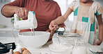 Hands, mixing and baking with child, kitchen or parent with ingredients, skill development and home. Teaching, kid and person with bowl for pastry, helping and learning recipe for meal prep in house