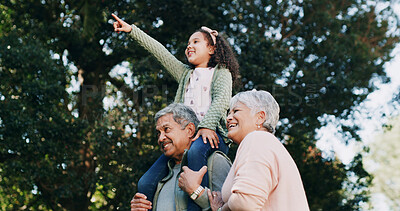 Buy stock photo Bird watching, grandparents and girl with family, park and  bonding together with love. Grandchild, old man and senior woman in forest, nature or hobby with view, pointing or outdoor with sightseeing