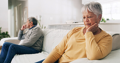 Buy stock photo Argue, fight and senior couple on sofa upset for divorce, conflict and marriage crisis in home. Retirement, relationship and mature man and woman ignore for disagreement, frustrated and sad in house