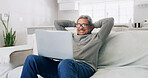 Home, old man and watching movie with laptop, relax and streaming show on web, break and retirement. Resting, senior person and subscription for entertainment on app, online or tech for film in house