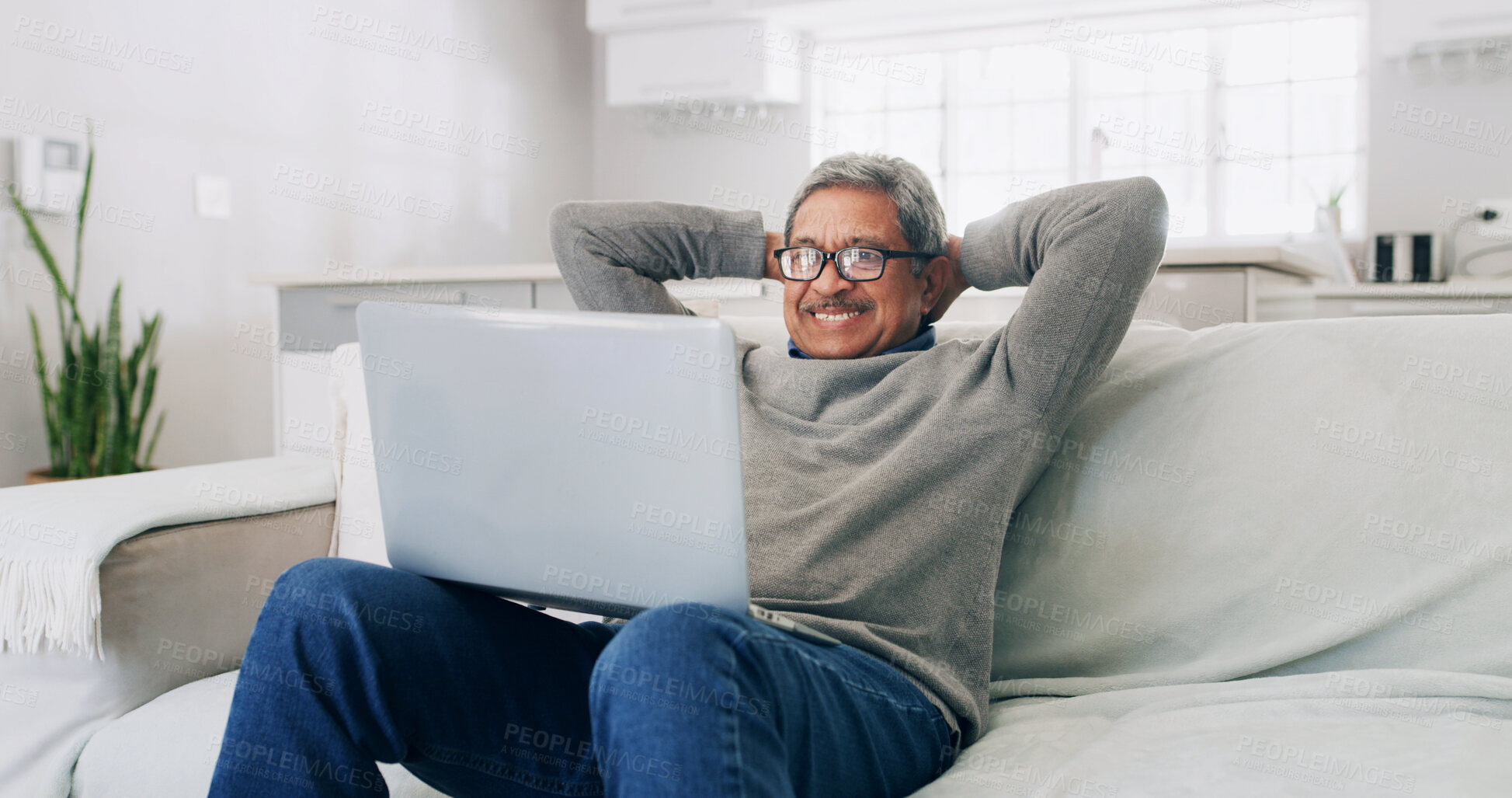 Buy stock photo Home, old man and watching movie with laptop, relax and streaming show on web, break and retirement. Resting, senior person and subscription for entertainment on app, online or tech for film in house