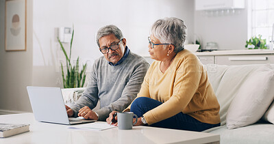 Buy stock photo Home, laptop and old couple with financial planning, documents and life insurance. Pensioner, savings and man with woman, computer and investment with retirement fund, debt review or email with taxes