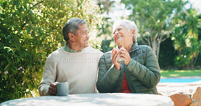 Buy stock photo Backyard, happy and senior couple with coffee for funny conversation, bonding and relax outdoor Retirement home, garden and elderly man and woman laughing with drink for marriage, love and talking