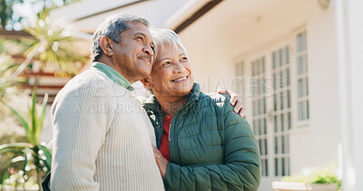 Buy stock photo Happy, hug and senior couple in backyard with smile for retirement home, real estate and security. Marriage, thinking and mature man with woman embrace for bonding, relationship and love outdoor