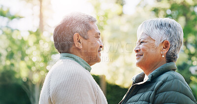 Buy stock photo Smile, senior couple and love at park for partner care, travel date and bonding together. Happy, elderly people and outdoor fresh air for morning commute, healthy relationship and marriage commitment