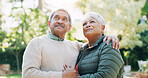 View, embrace and senior couple in park, relationship and bonding together with romance. Outdoor, countryside and man with woman, nature and retirement with marriage, love and explore with support