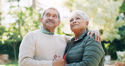 Buy stock photo Thinking, embrace and senior couple in park, relationship and bonding together with contemplation. Outdoor, memory and man with woman, choice and retirement with marriage, love and daydreaming