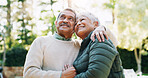 View, embrace and senior couple in garden, relationship and bonding together with retirement. Outdoor, support and man with woman, funny or romantic with marriage, love and explore with care or relax