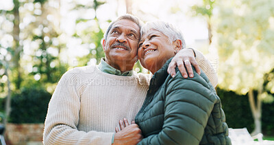 Buy stock photo Happy, embrace and senior couple in garden, relationship and bonding together with romance. Outdoor, support and man with woman, funny or retirement with marriage, love or explore with care or relax