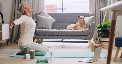 Buy stock photo Laptop, stretching and yoga with woman on living room floor for online class or virtual course. Computer, exercise or flexibility with person and pet dog in apartment for learning or tutorial