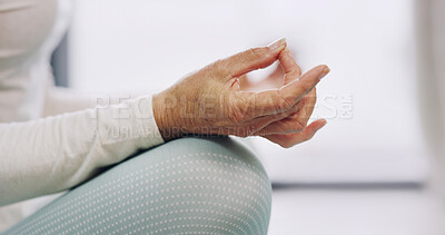 Buy stock photo Yoga, meditation and home with woman, hands and lotus pose with wellness, routine and morning. Apartment, stress relief and mature person on floor, zen and peace with health, chakra and balance