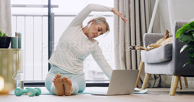 Buy stock photo Flexibility, laptop and yoga with woman on floor of living room for online class or course. Computer, fitness or stretching with mature person or pet dog in apartment for tutorial or virtual learning