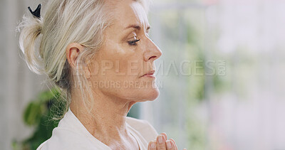 Buy stock photo Fitness, meditation and yoga with woman in home for balance, inner peace or mindfulness. Awareness, exercise and wellness with profile of mature person on space for holistic or mental health