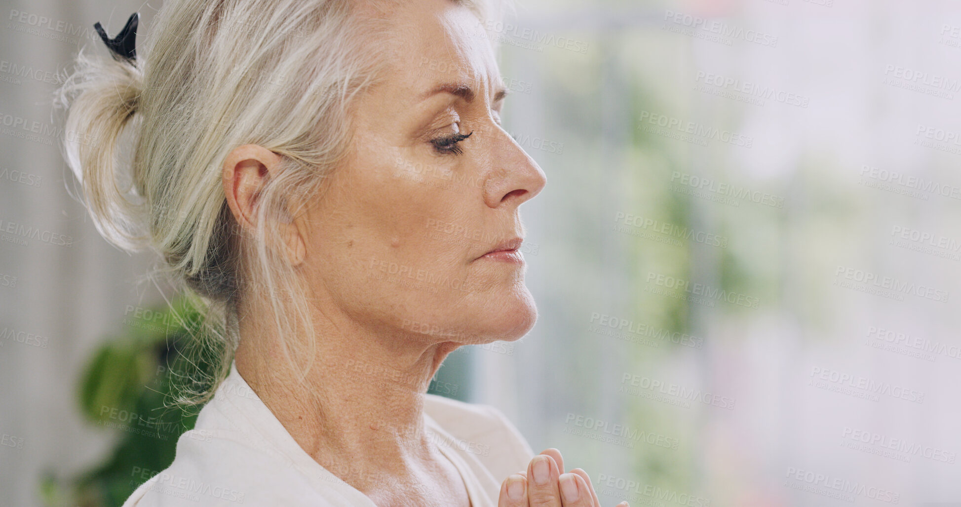 Buy stock photo Fitness, meditation and yoga with woman in home for balance, inner peace or mindfulness. Awareness, exercise and wellness with profile of mature person on space for holistic or mental health