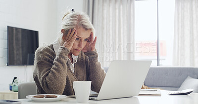 Buy stock photo Home, headache and old woman with laptop, frustrated and financial mistake with subscription error. Loan decline, pensioner and person with pc, migraine and asset management risk with stress or pain