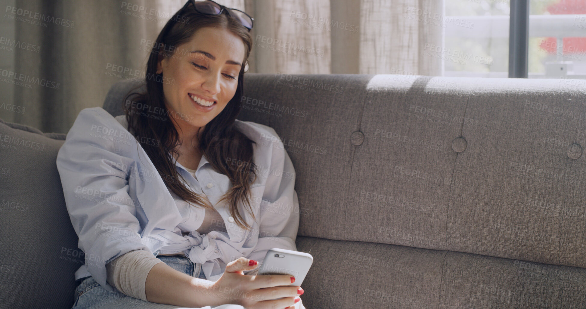 Buy stock photo Phone, smile and woman relax in living room with social media profile, online dating and contact. Mobile, home and happy person on couch for networking, communication or download app on internet
