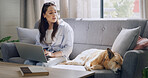 Home, research and woman with laptop, dog and writer with freelance project, typing or story on web. Remote work, journalist and person with pet in lounge, media and editing article for magazine
