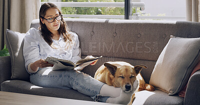 Buy stock photo Relax, book and dog with woman on sofa in home for reading, animal care and loyalty. Glasses, comfortable and trust with person and pet in living room of house for love canine companion and weekend