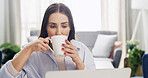 Remote work, coffee and woman on laptop in home for copywriting, online article and editing. Freelancer, journalism and person with drink on computer for website blog, research and proposal in house