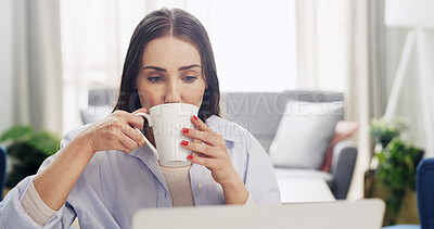 Buy stock photo Remote work, coffee and woman on laptop in home for copywriting, online article and editing. Freelancer, journalism and person with drink on computer for website blog, research and proposal in house