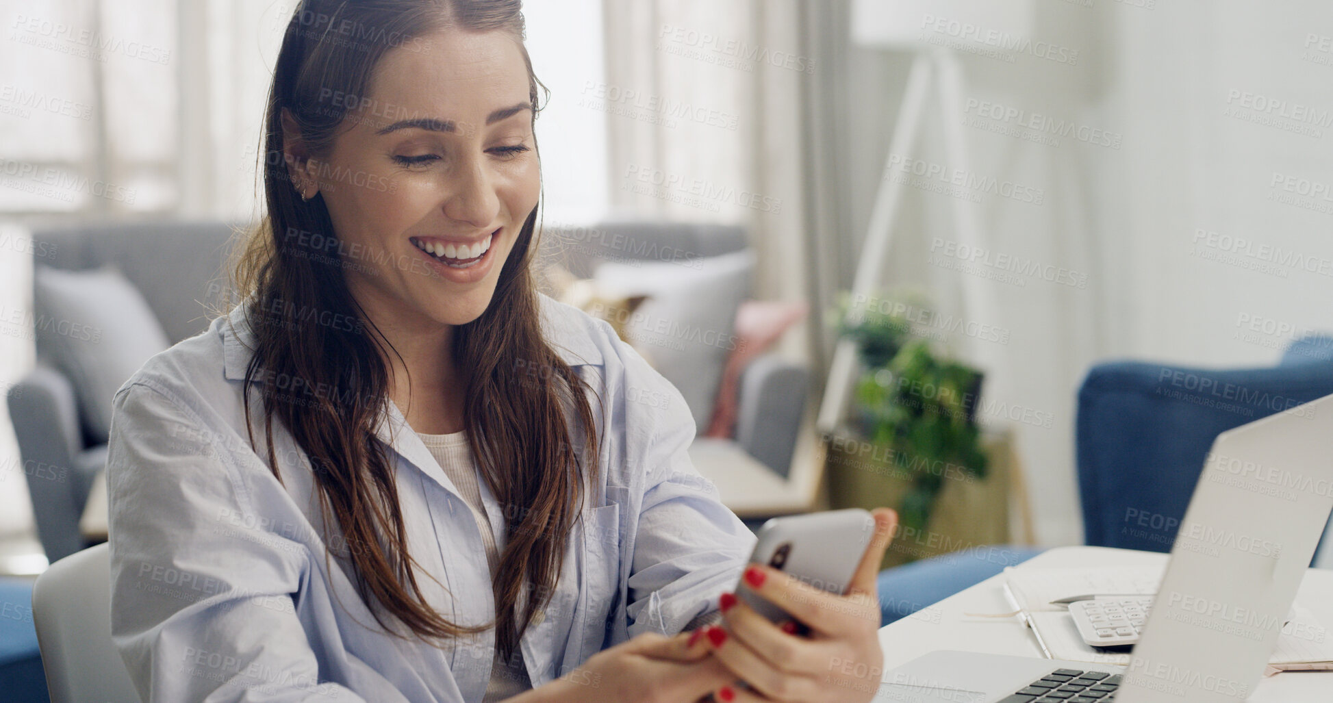 Buy stock photo Phone, freelancer and woman laugh in home office, reading meme or update for financial budget. Smile, remote work and accountant with mobile for online communication, funny message or audit review