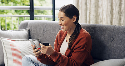 Buy stock photo Credit card, online shopping and phone with woman on sofa in living room of home for checkout. App, ecommerce and purchase with happy customer in apartment for payment, transfer and transaction