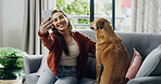 Happy woman, dog and selfie on sofa in home with care, love and excited for post in living room. Person, smile and photography with pet animal on couch, profile picture and social media at apartment