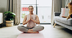 Woman, breathing and namaste for yoga at house with meditation, mindfulness and peace. Female person, prayer hands and eye closed for spiritual healing, holistic balance and mental health practice
