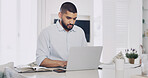 Remote work from home, laptop and man with financial planning, deadline and inflation research. Person, stock market and trader with pc, investment and email for trading, budget report or internet