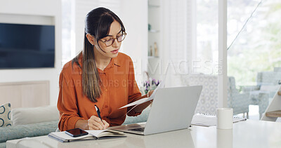 Buy stock photo Remote work from home, laptop and woman with documents, schedule and research for article. Person, copywriting and journalist with computer, editing and email for feedback, news report and deadline