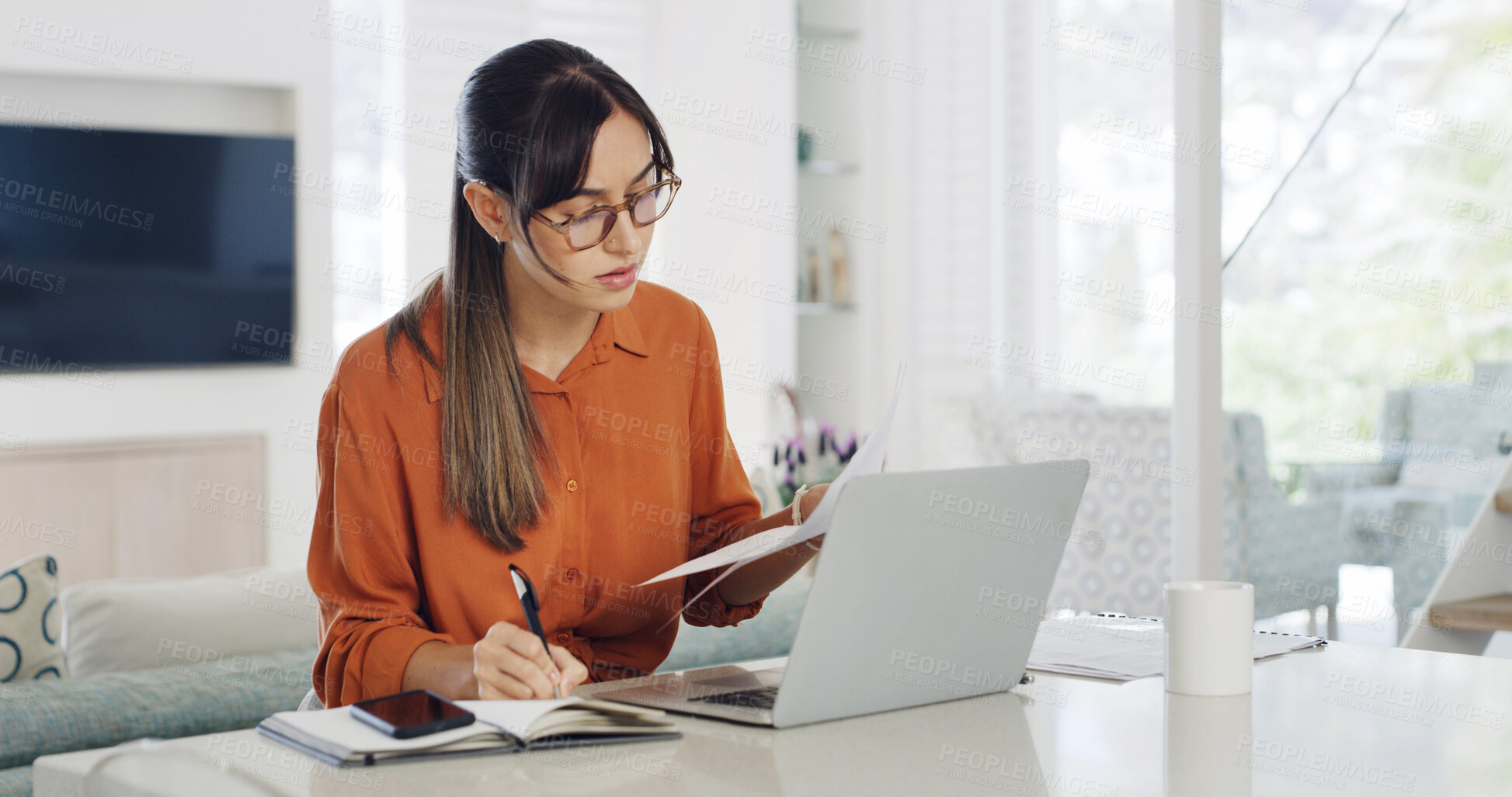 Buy stock photo Remote work from home, laptop and woman with documents, schedule and research for article. Person, copywriting and journalist with computer, editing and email for feedback, news report and deadline