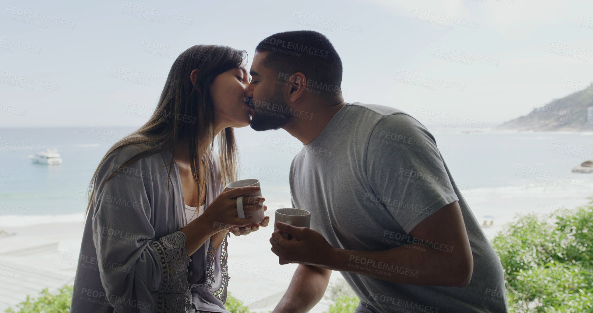 Buy stock photo Kiss, travel and coffee with couple in hotel for getaway, romance and honeymoon together. Relax, holiday date and commitment with man and woman and drink tea at resort for marriage, trust or vacation