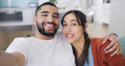 Buy stock photo Hug, couple and selfie in home for love, smile or POV with social media post for relationship. Photo, man and woman in  lounge with portrait, profile picture or embrace partner for romantic memory