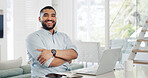 Laptop, crossed arms and portrait of man in home with research, remote work or creative project. Happy, confident and male copywriter with freelance job on computer for publishing in apartment.