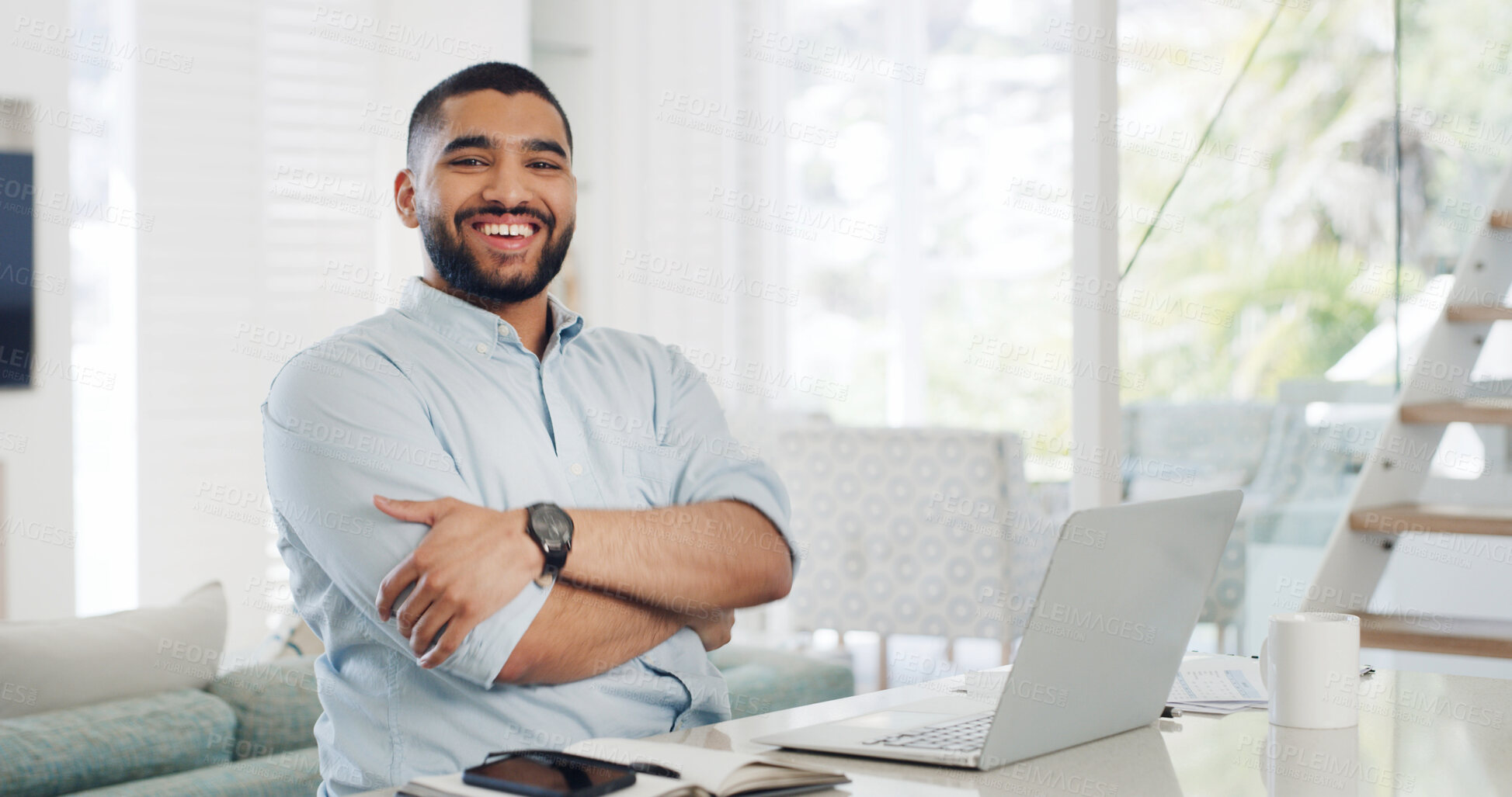 Buy stock photo Laptop, crossed arms and portrait of man in home with research, remote work or creative project. Happy, confident and male copywriter with freelance job on computer for publishing in apartment.