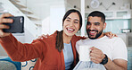 Happy couple, selfie and coffee on sofa in home with hug, care or bonding for web post in lounge. Woman, man and love in living room, photography and profile picture on social network at apartment