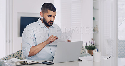 Buy stock photo Remote work from home, laptop and man with documents, deadline and research for news report. Person, copywriting and journalist with PC, editing and email for feedback, reading and review for article