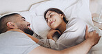 Happy, couple and relax in bedroom at house with love, wake up and calm morning on honeymoon. Smile, people and rest for romantic moment, partner affection and bonding together of marriage commitment