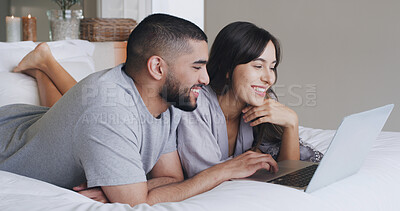 Buy stock photo Laptop, happy and couple on bed in house with watching movie, film or series together on weekend. Smile, technology and man with woman streaming show on website for bonding in bedroom at apartment.