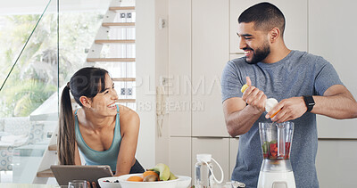 Buy stock photo Smoothie, home and couple in kitchen, love and detox with support, gut health and wellness. Smile, protein shake or man with woman, weight loss or nutrition with vitamins, relationship or blender