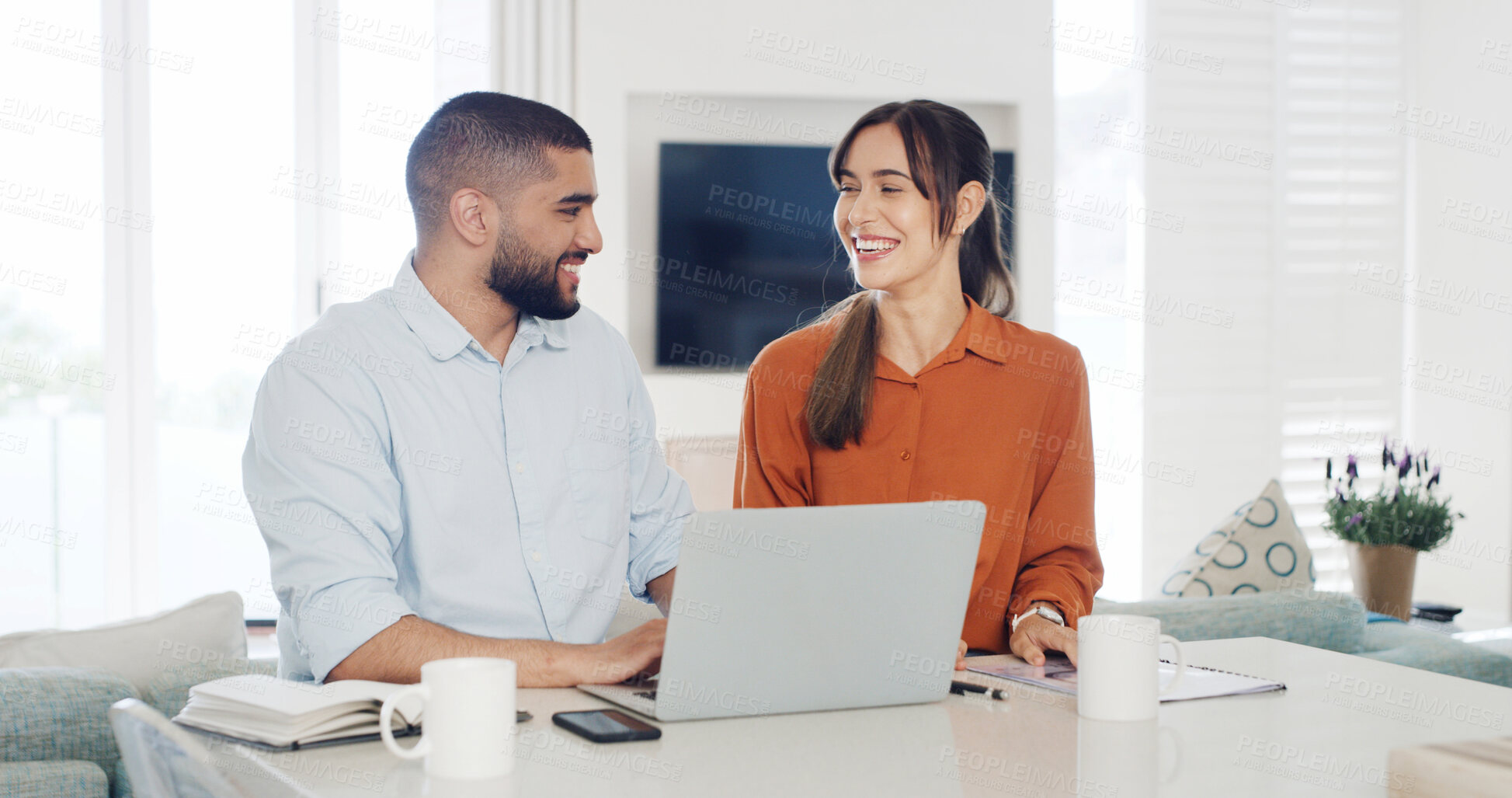 Buy stock photo Budget, laptop and smile with couple in kitchen of home together for finance or investment. Computer, money and transaction with happy people in apartment for banking, bill payment or savings