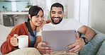 Tablet, smile and couple in home for website, video and bonding on living room sofa. Coffee break, technology and happy man with woman, streaming and social media or internet browsing for film